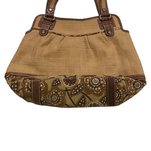 Fossil Straw Large Satchel Bag Floral Accent Leather Trim Magnetic Closure 13x17 - Picture 6 of 13